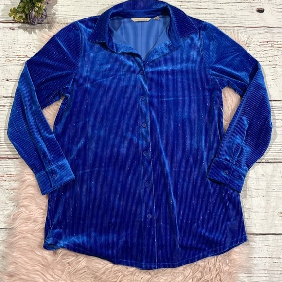 Soft Surroundings Blue Silver Textured Velvet Boyfriend Shirt Button Down - Picture 6 of 9